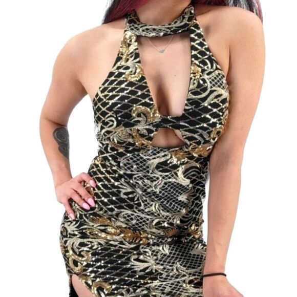 L'ATISTE Gold Metallic Sequin Halter Side Slit Maxi Dress Small - Picture 13 of 13